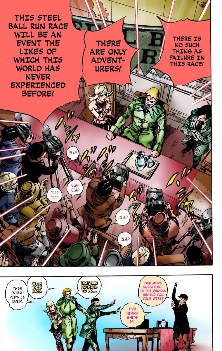 JoJo's Bizarre Adventure Part 7 - Steel Ball Run (Official Colored) Chapter 1 page 38 - Chapter 1: The Steel Ball Run Press Conference