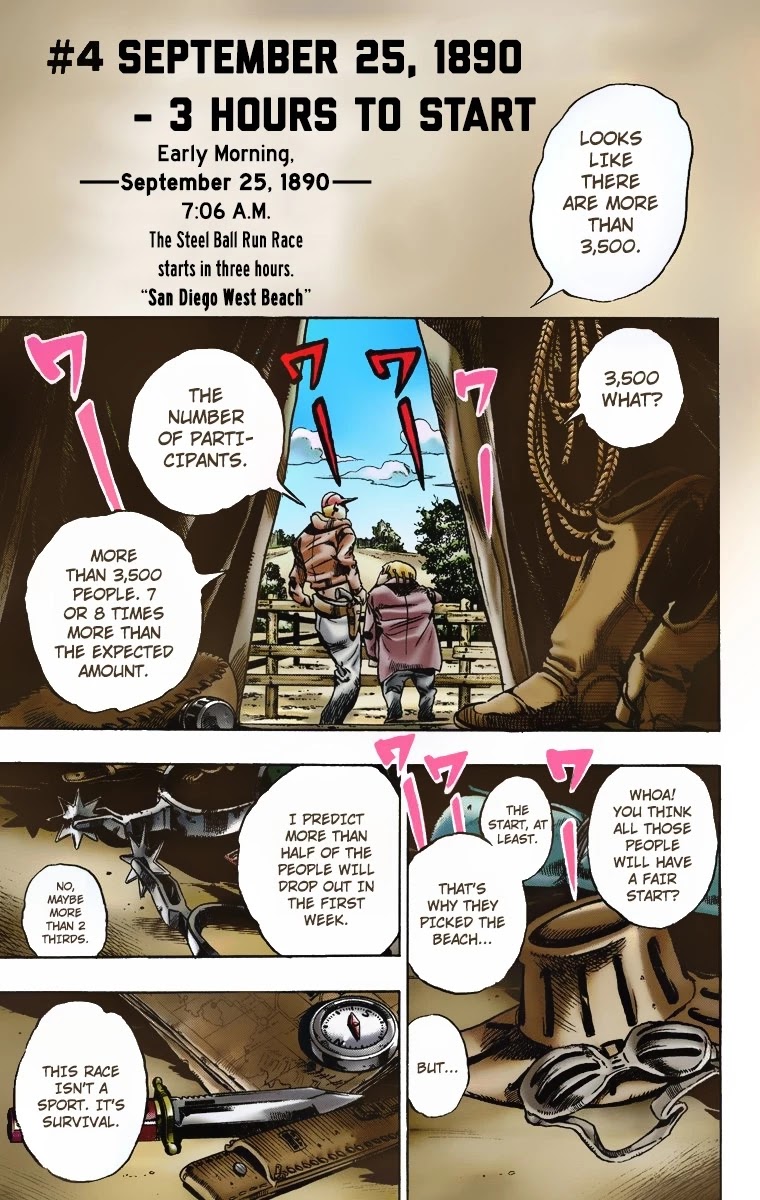 JoJo's Bizarre Adventure Part 7 - Steel Ball Run (Official Colored) Chapter 4 page 2 - Chapter 4: September 25 1890 - 3 Hours to Start