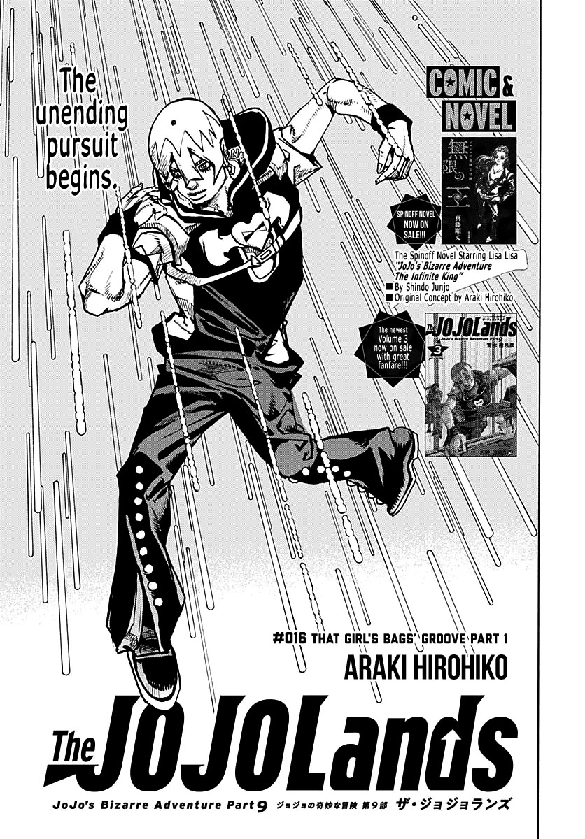 JoJo's Bizarre Adventure Part 9 - The JOJOLands Chapter 16 page 1 - Chapter 16: That Girl's Bags' Groove Part 1