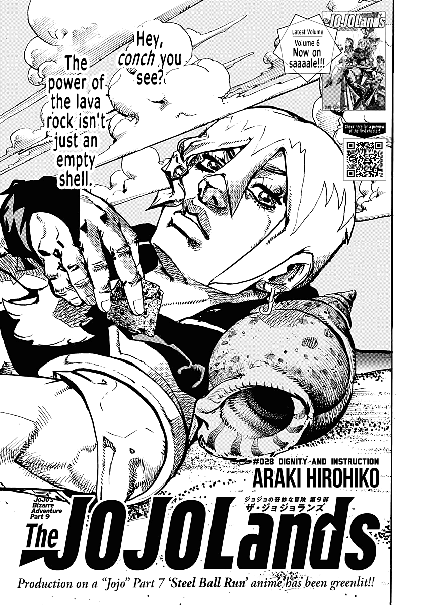 JoJo's Bizarre Adventure Part 9 - The JOJOLands Chapter 28 page 1 - Chapter 28: Dignity and Instruction