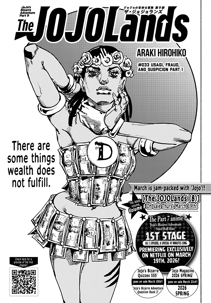 JoJo's Bizarre Adventure Part 9 - The JOJOLands Chapter 33 page 1 - Chapter 33: Usagi, Fraud, and Suspicion Part 1