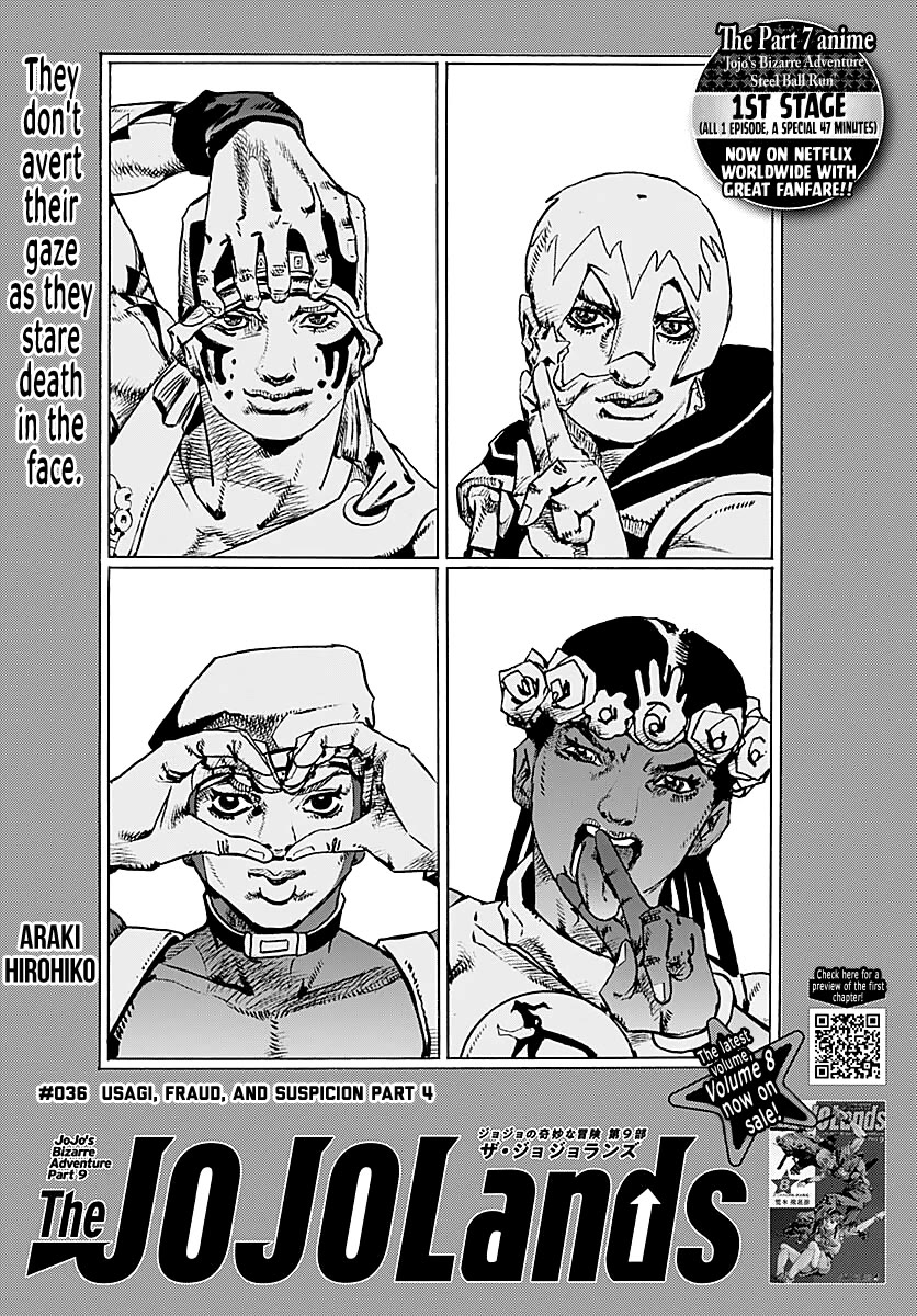 JoJo's Bizarre Adventure Part 9 - The JOJOLands Chapter 36 page 1 - Chapter 36: Usagi, Fraud, and Suspicion Part 4