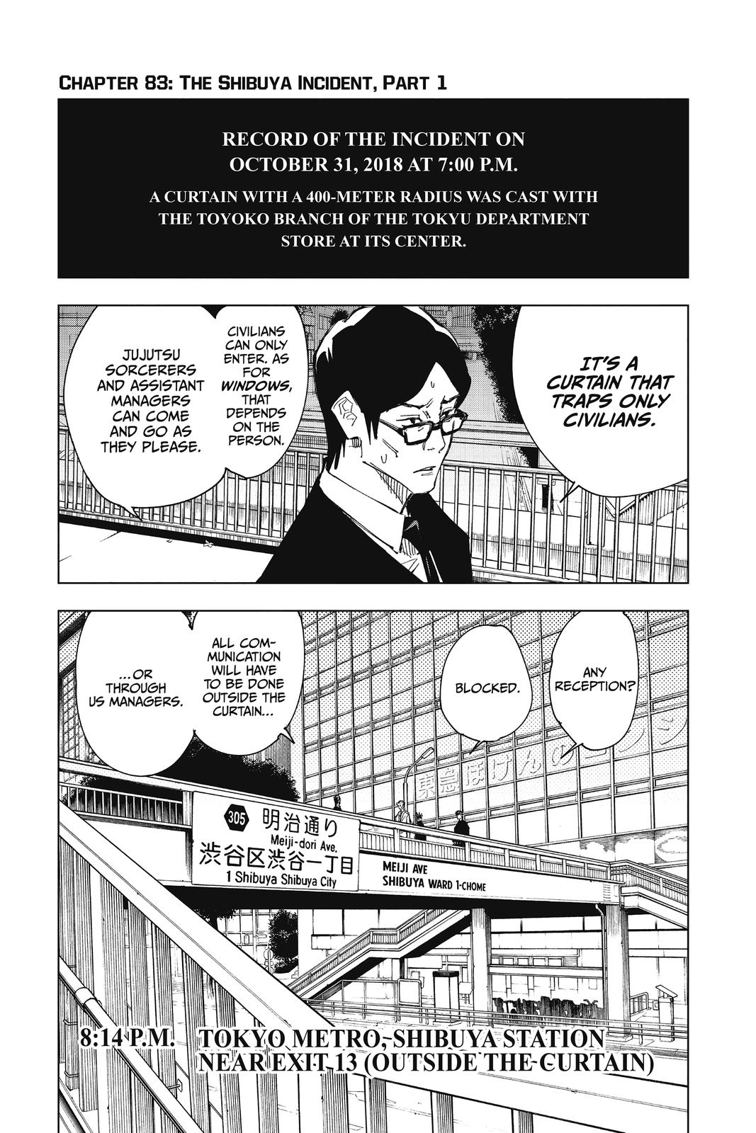 Jujutsu Kaisen Chapter 83 page 1 - Chapter 83: The Shibuya Incident, Part 1