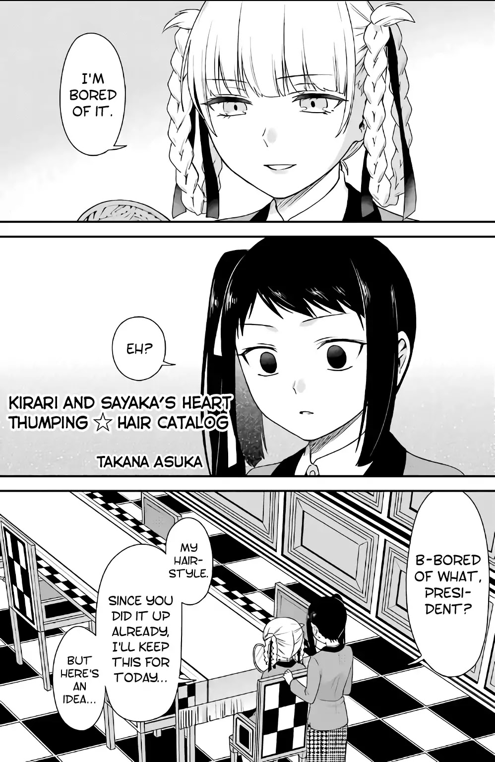 Kakegurui - Yorozu: Official Comic Anthology Chapter 16 page 1 - Chapter 16: Kirari and Sayaka's Heart Thumping Hair Catalog (Asuka Takana)