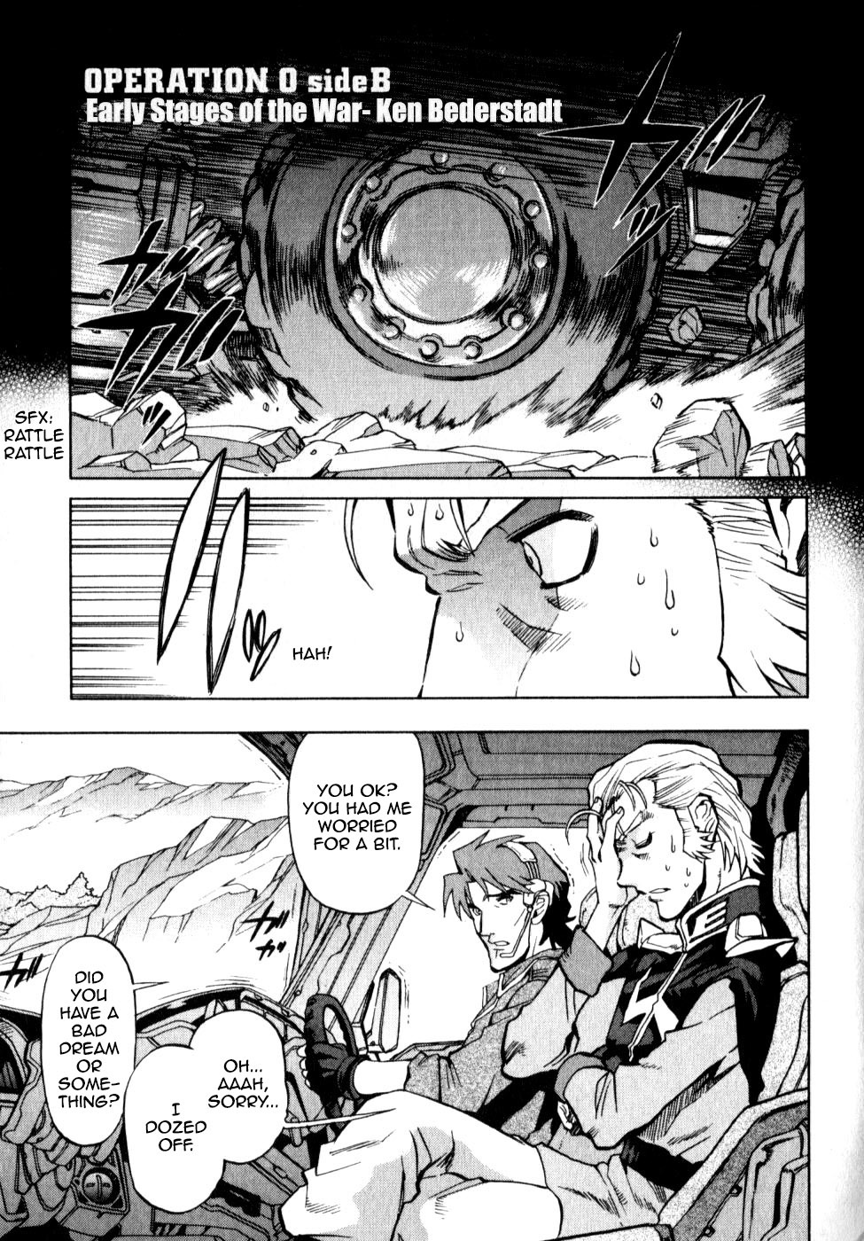 Kidou Senshi Gundam Senki: Lost War Chronicles Chapter 0.2 page 1 - Chapter 0.2: OPERATION 0 side B: Ken Bederstadt - At the outbreak of War -