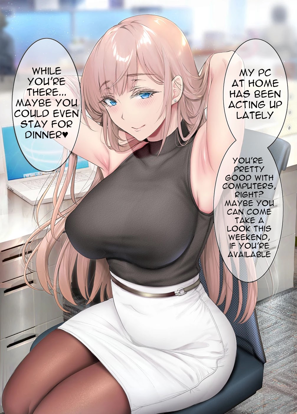 Kininaru Danshi ni ○○ suru On'nanoko. Chapter 37 page 1 - Chapter 37: A female boss who, while talking with a subordinate she's interested in during a break, tries to make him see her as a woman by moving in a way to make him look at her while she fixes her hair.