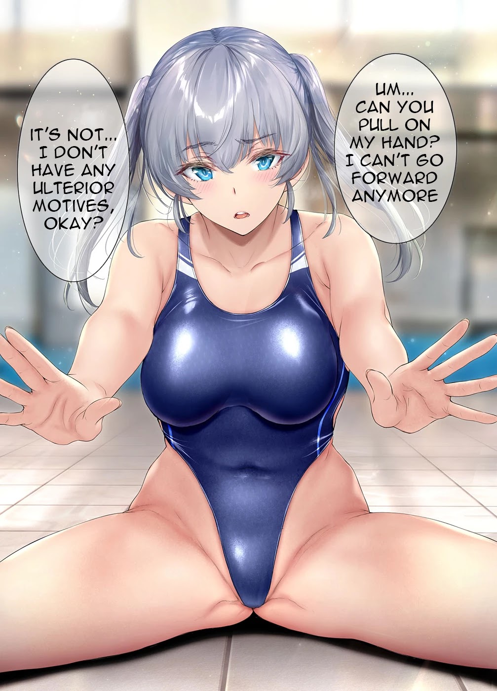 Kininaru Danshi ni ○○ suru On'nanoko. Chapter 42 page 1 - Chapter 42: A public morals committee member who comes to the swimming club every day to be taught by the boy she's interested in and tries to hold his hand under the pretext of wanting help with stretching.