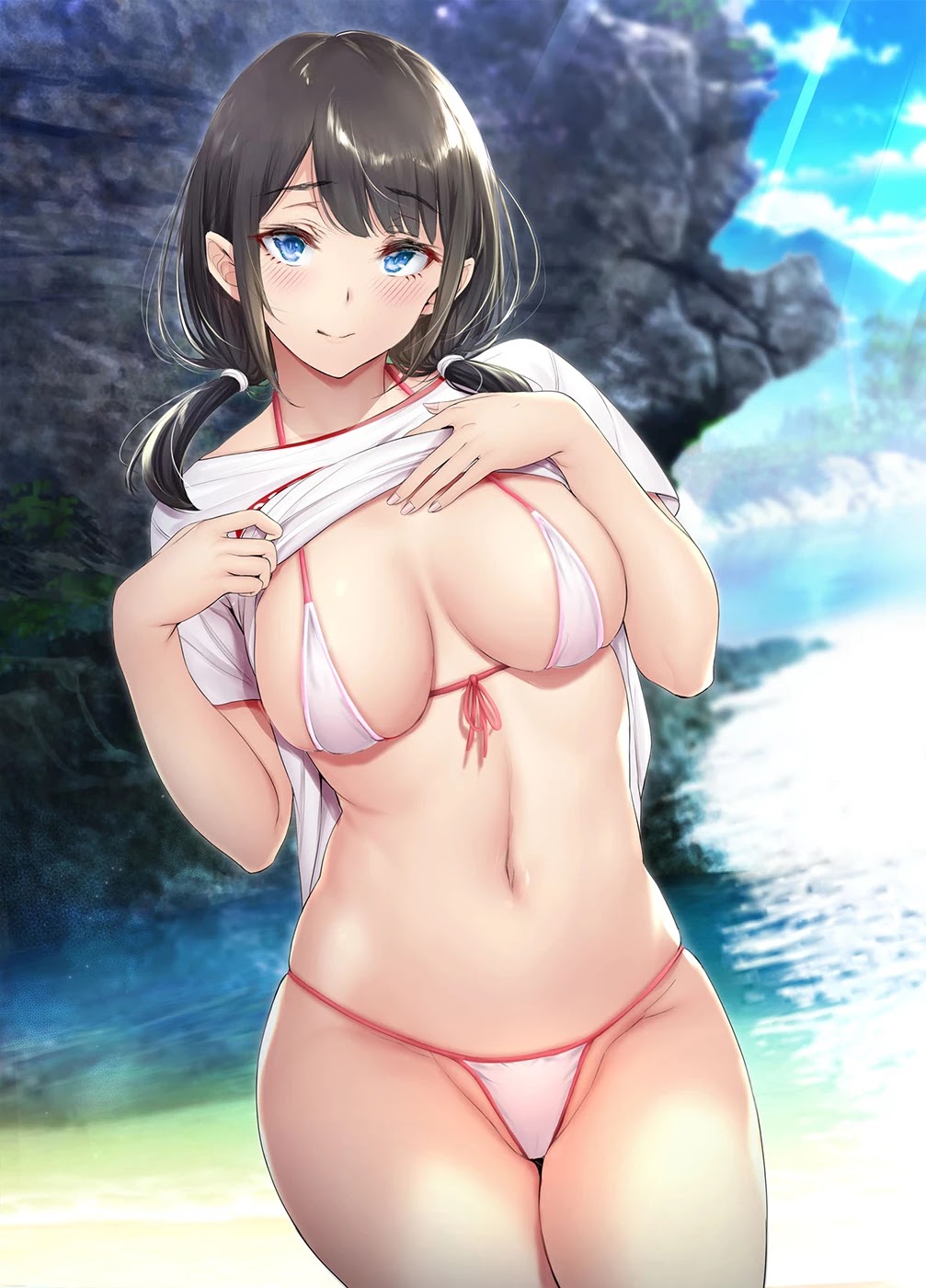 Kininaru Danshi ni ○○ suru On'nanoko. Chapter 44 page 2 - Chapter 44: An inconspicuous classmate who, when asked to wear a skimpy swimsuit by the boy she's interested in, meets up with him in the shade behind a rock out of sight of the other students, and is elated as he looks at her eagerly.