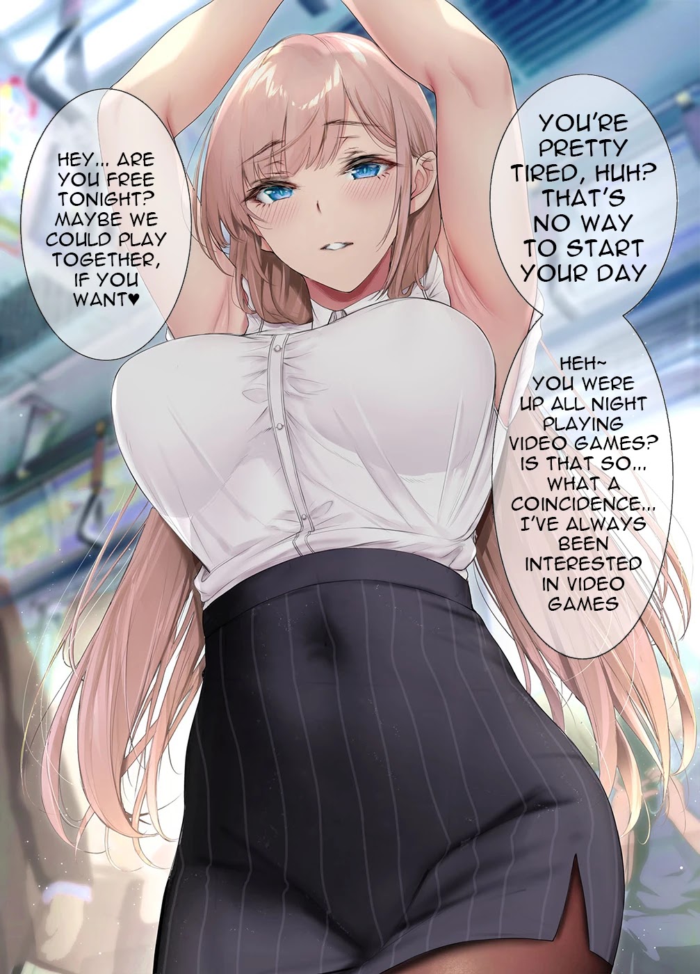 Kininaru Danshi ni ○○ suru On'nanoko. Chapter 51 page 1 - Chapter 51: A female boss who, after seeing a subordinate she's interested in while commuting on the train, tries to make him notice her by standing while holding the handlebar with both hands while talking to him even though there are empty seats.