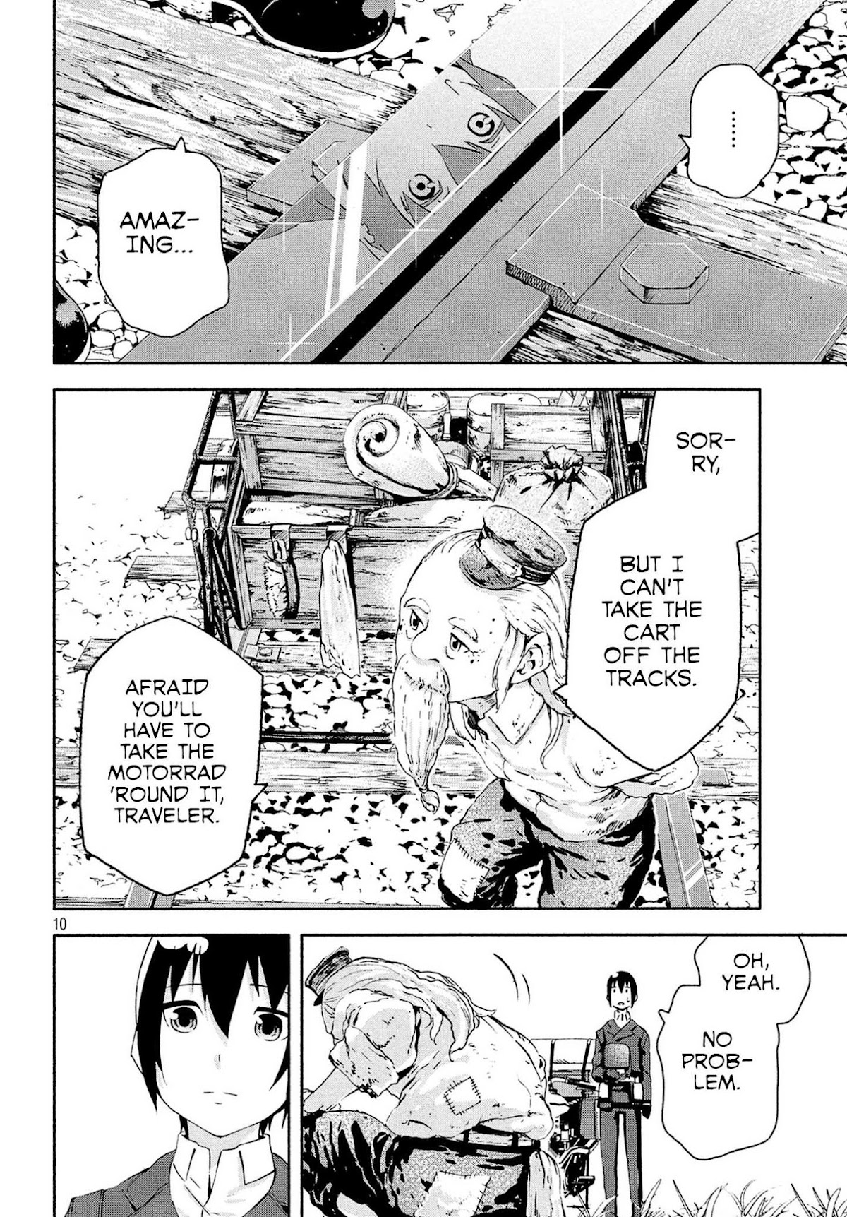 Kino's Journey (Shiomiya) Chapter 4 page 10 - Chapter 4: Three Men on the Rails -On the Rails-