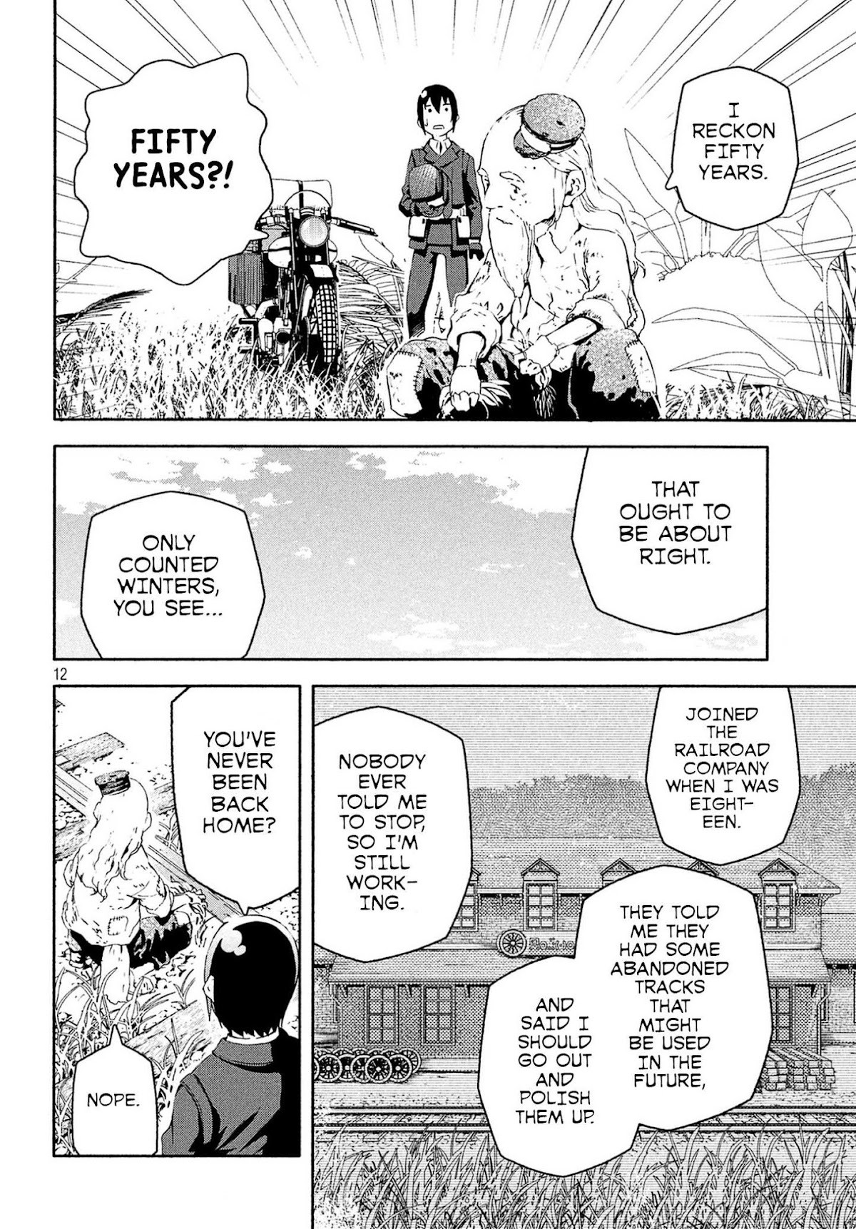 Kino's Journey (Shiomiya) Chapter 4 page 12 - Chapter 4: Three Men on the Rails -On the Rails-