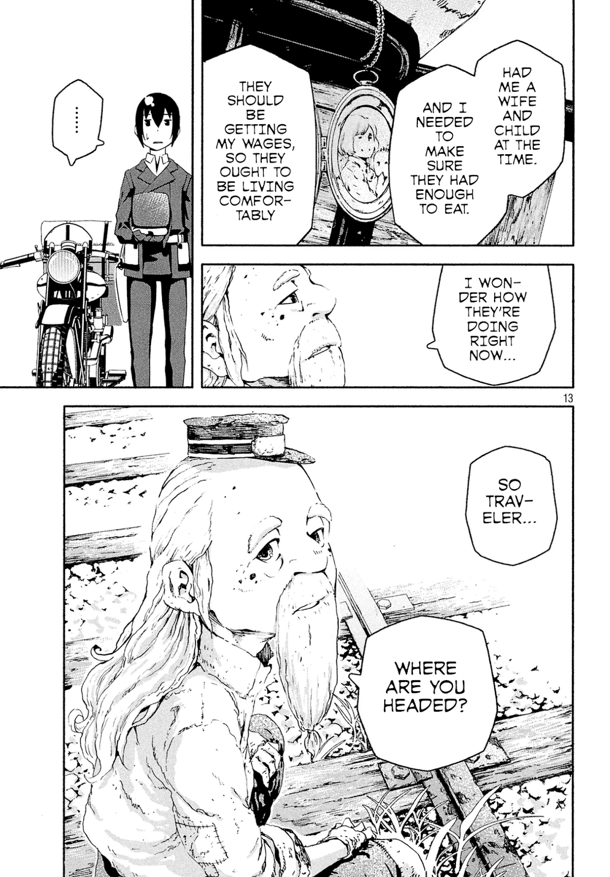 Kino's Journey (Shiomiya) Chapter 4 page 13 - Chapter 4: Three Men on the Rails -On the Rails-