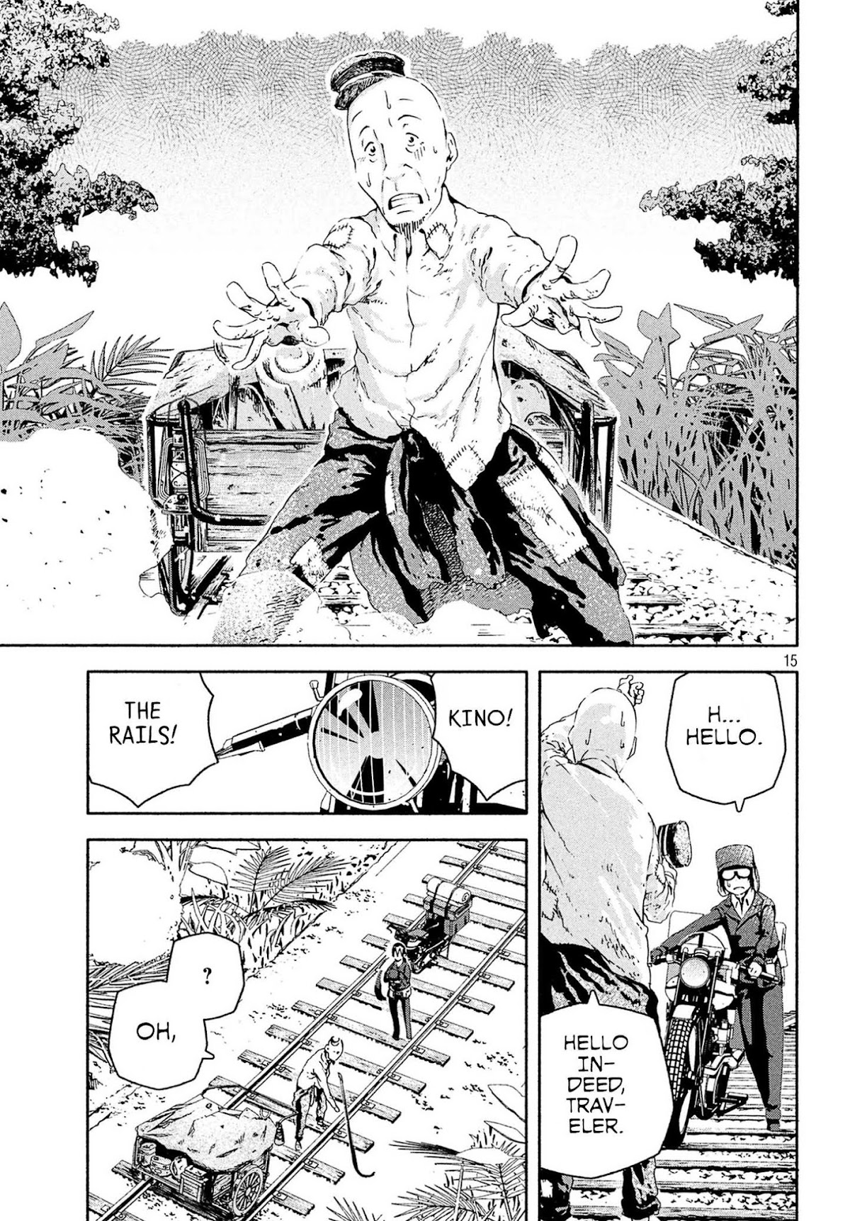 Kino's Journey (Shiomiya) Chapter 4 page 15 - Chapter 4: Three Men on the Rails -On the Rails-