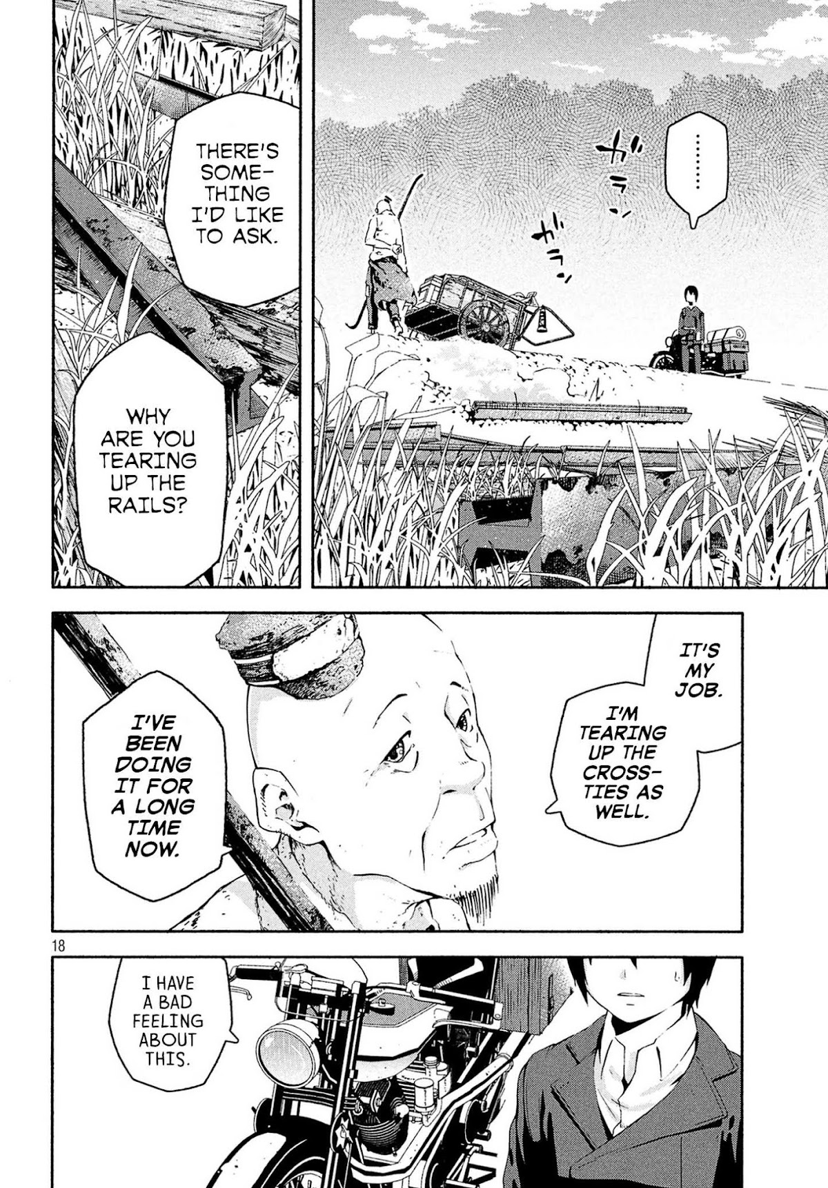 Kino's Journey (Shiomiya) Chapter 4 page 18 - Chapter 4: Three Men on the Rails -On the Rails-