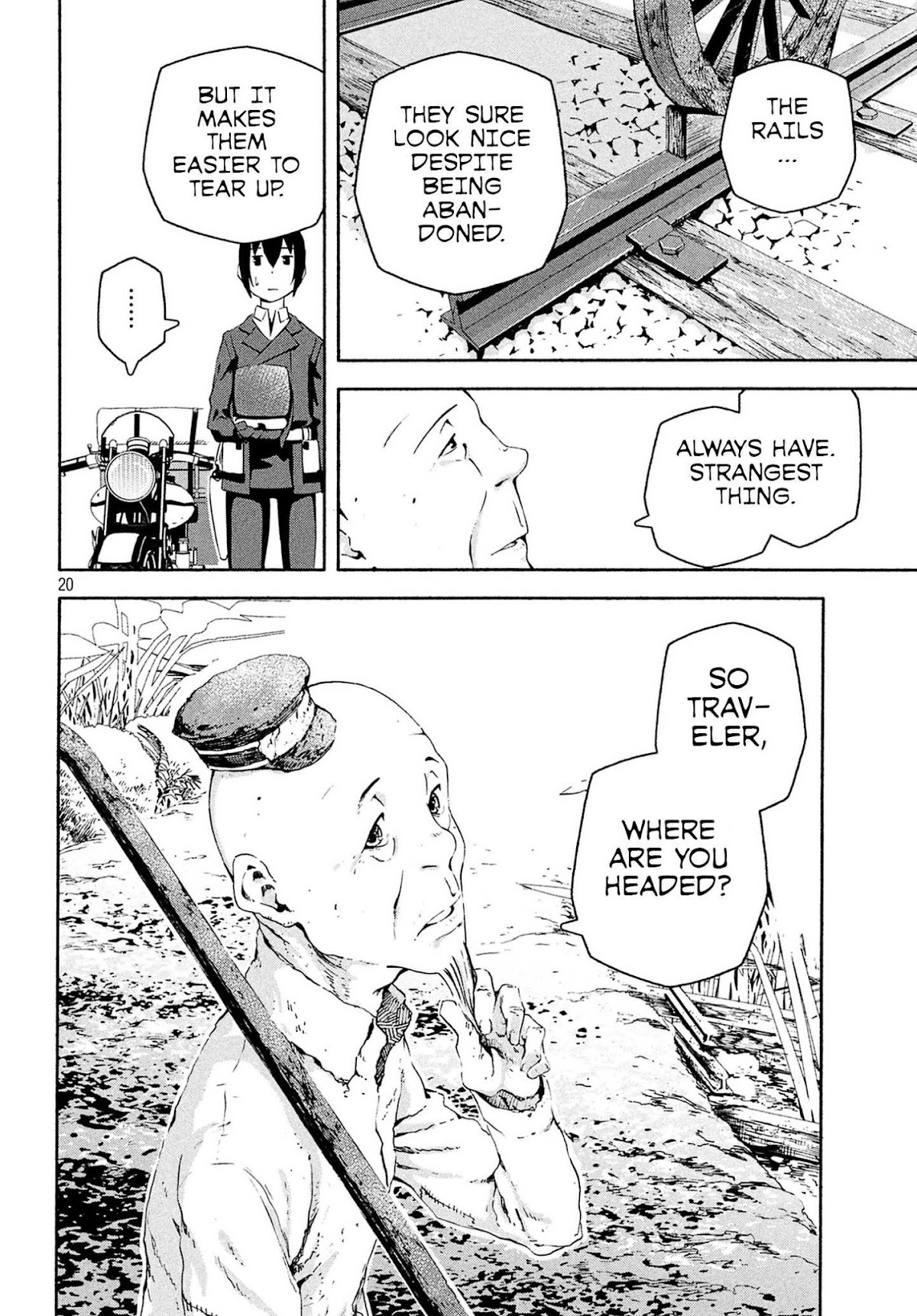 Kino's Journey (Shiomiya) Chapter 4 page 20 - Chapter 4: Three Men on the Rails -On the Rails-