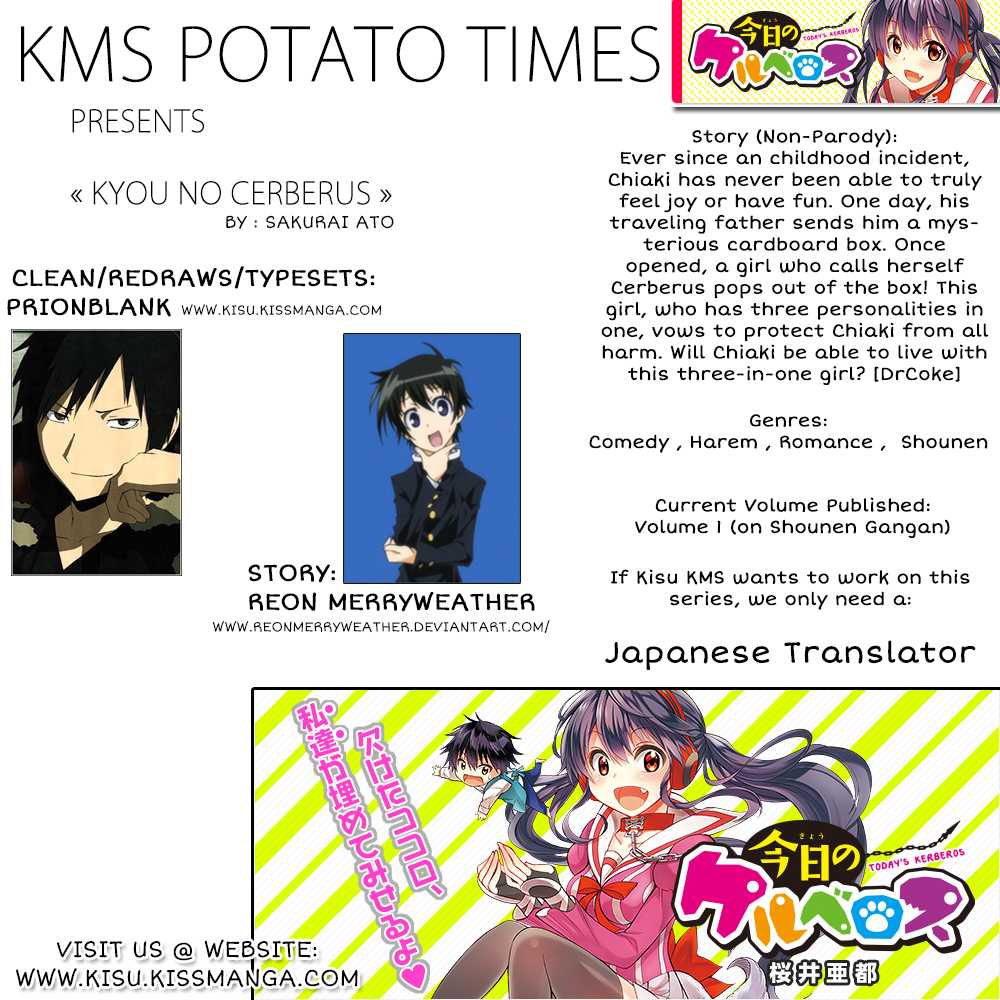KMS Potato Times Chapter 2.2 page 1 - Chapter 2 v2 : Parody #2: Kyou no Cerberus "Dog Meets Master or Whatever"...