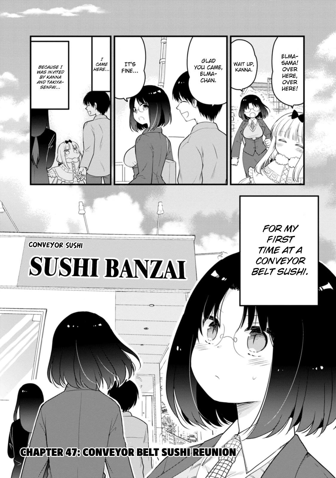 Kobayashi-san chi no Maid Dragon: Elma OL Nikki Chapter 47 page 1 - Chapter 47: Conveyor Belt Sushi Reunion