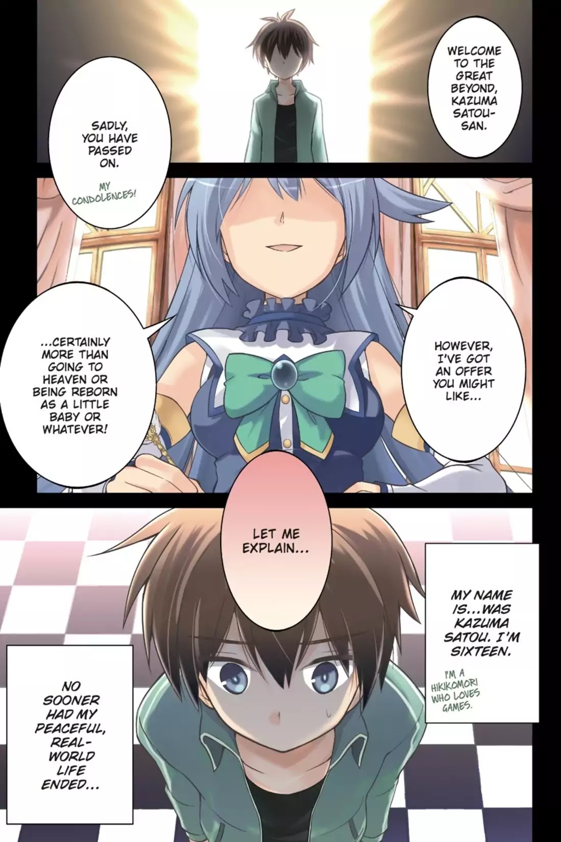 Kono Subarashii Sekai ni Shukufuku o! Chapter 1 page 4 - Chapter 1: May I Go to a New World with This Self-Proclaimed Goddess!