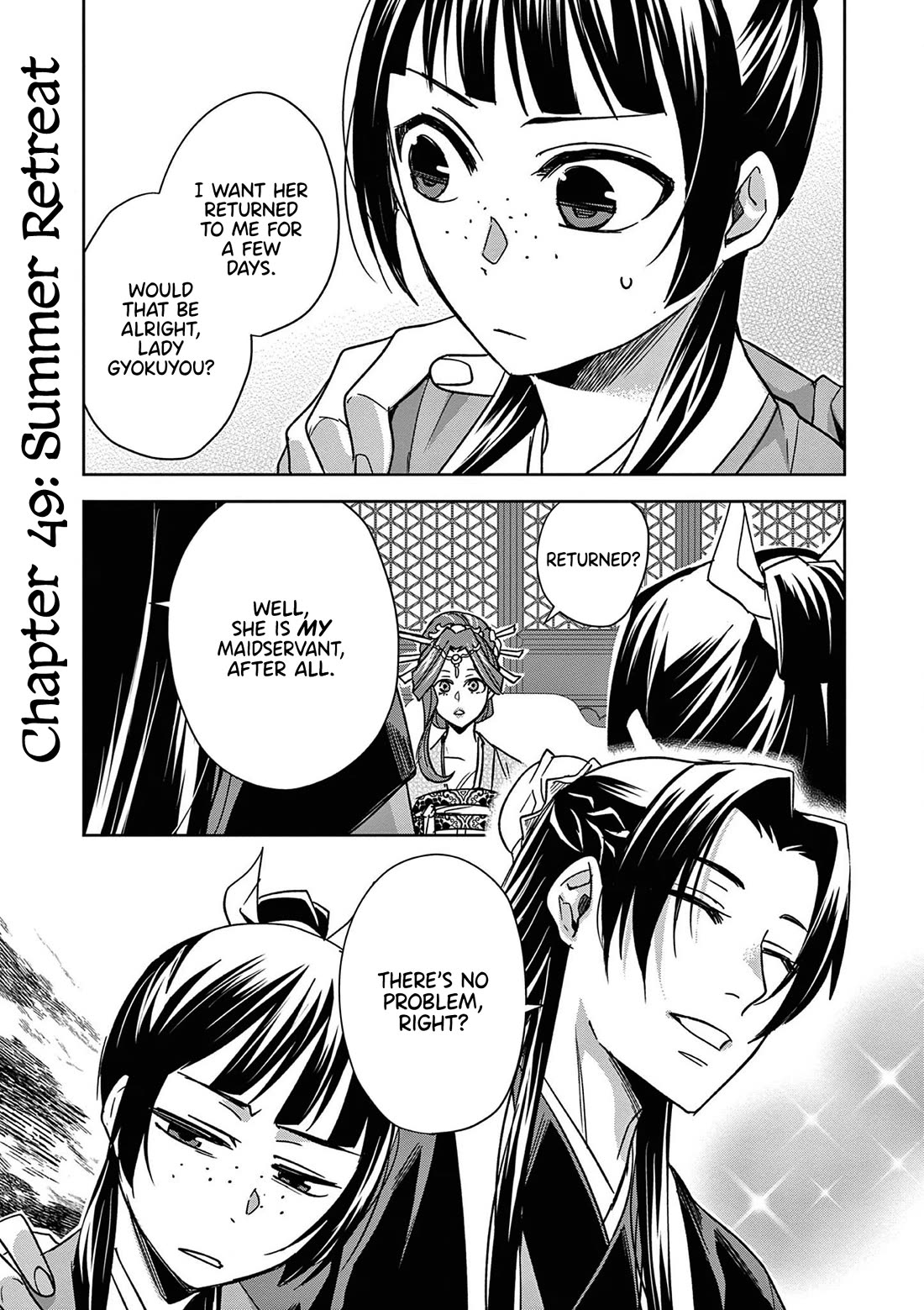 Kusuriya no Hitorigoto - Maomao no Koukyuu Nazotoki Techou Chapter 49 page 1 - Chapter 49: Summer Retreat