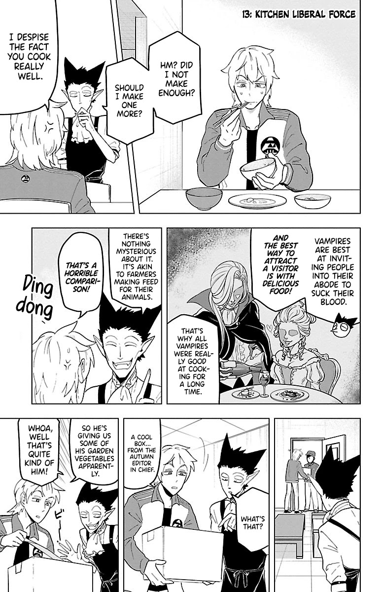 Kyuuketsuki Sugu Shinu Chapter 13 page 1 - Chapter 13: 13th Death: Kitchen Liberal Force