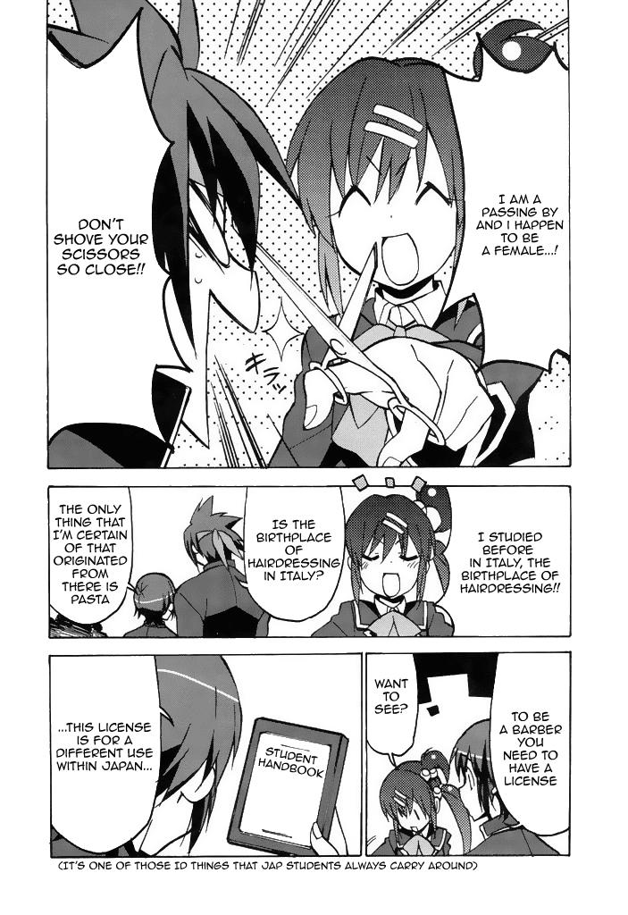 Little Busters! The 4-Koma Chapter 38 page 4 - Chapter 38: The Female Barber That's Radiating Charm, Haruka Buongiorno