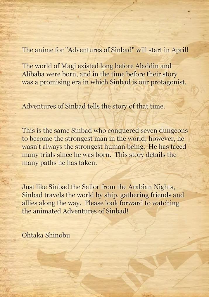 Magi - Sinbad no Bouken Chapter 99.5 page 4 - Chapter 99.5: A Special Illustration And Message Of Support From Author Ohtaka Shinobu.