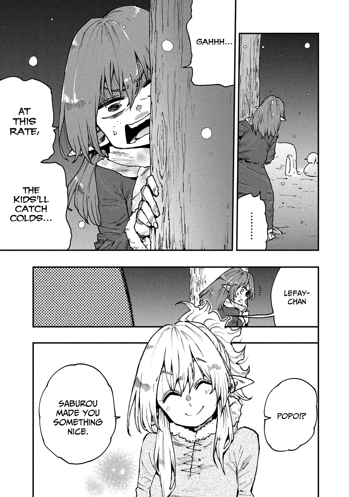 Mazumeshi Elf to Youbokugurashi Chapter 58 page 13 - Chapter 58: Kids and snowmen