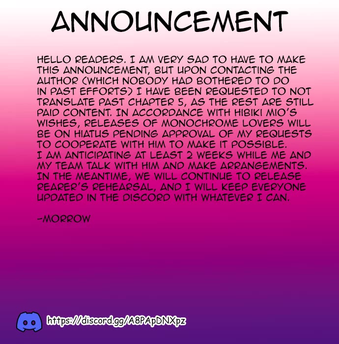 Monochrome Lovers Chapter 74.5 page 1 - Chapter 74.5: ANNOUNCEMENT - HIATUS