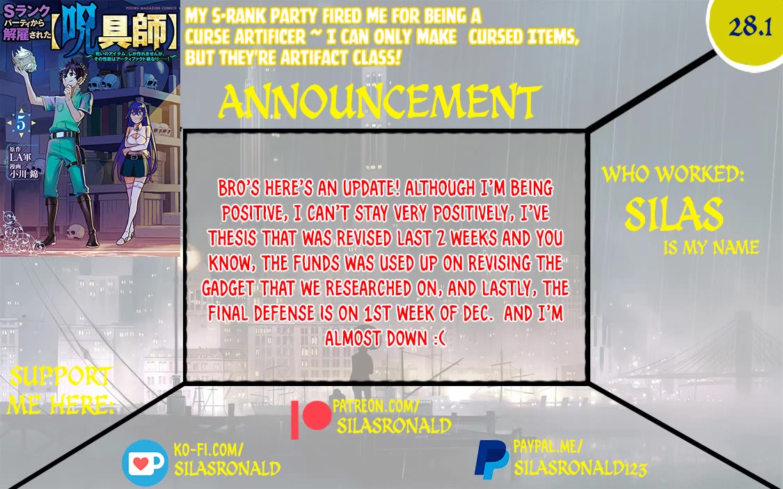 My S-Rank Party Fired Me for Being a Cursificer ~ I Can Only Make “Cursed Items”, but They're Artifact Class! Chapter 28.1 page 1 - Chapter 28.1