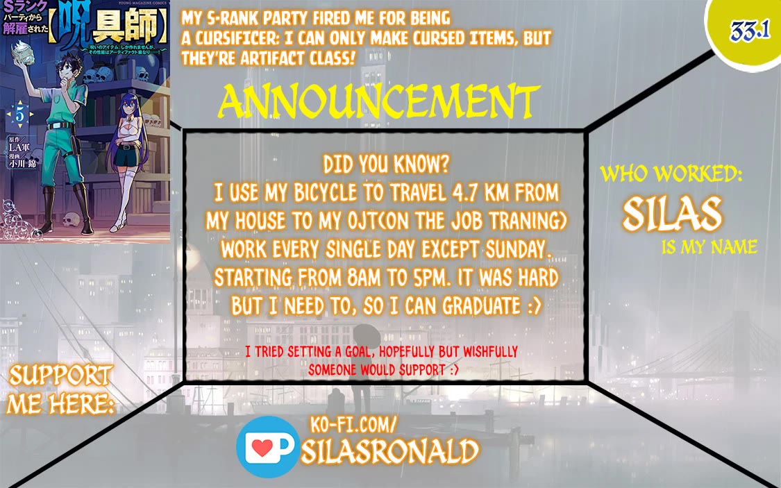 My S-Rank Party Fired Me for Being a Cursificer ~ I Can Only Make “Cursed Items”, but They're Artifact Class! Chapter 33.1 page 1 - Chapter 33.1