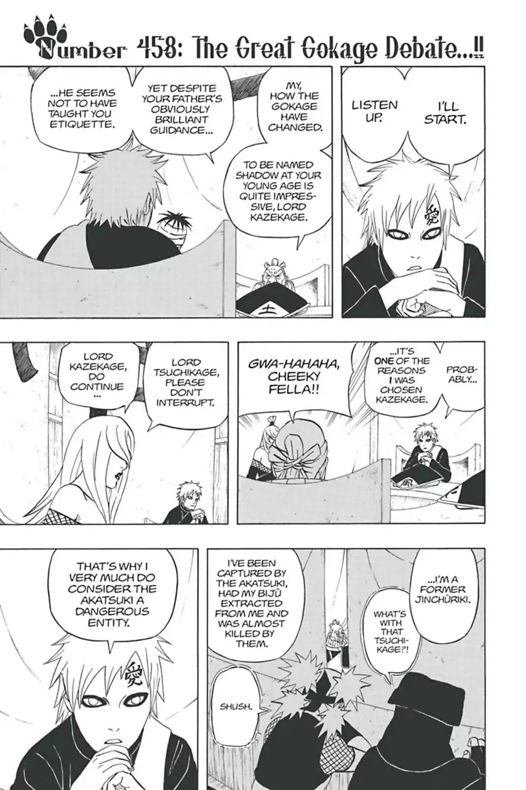 Naruto Chapter 458 page 1 - Chapter 458: The Great Gokage Debate...!!