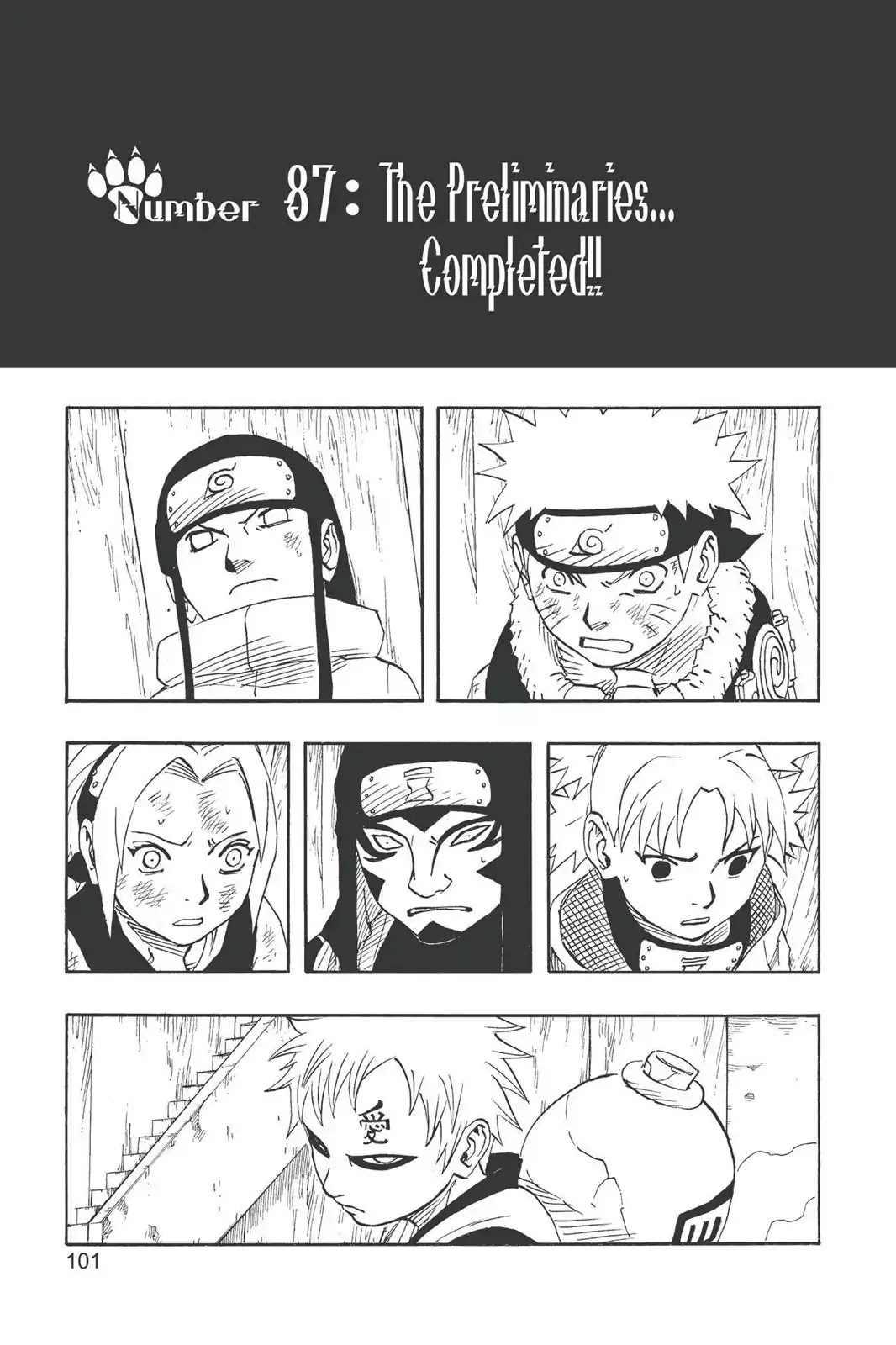 Naruto Chapter 87 page 1 - Chapter 87: The Preliminaries... Completed!!