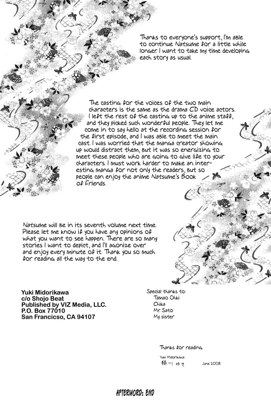 Natsume Yuujinchou Chapter 22.8 page 3 - Vol.6 Afterword