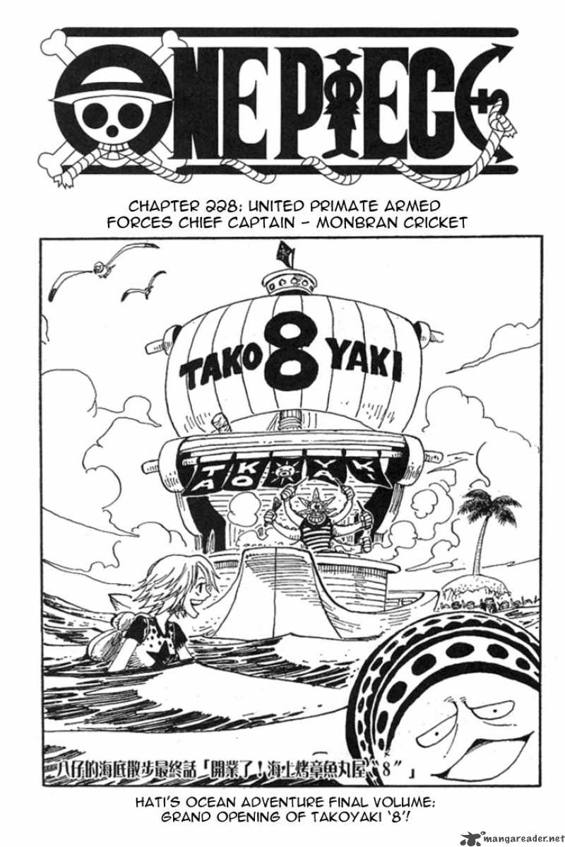 One Piece Chapter 228 page 1 - Chapter 228: Mont Blanc Cricket, the Last Boss of the Saruyama Allied Force