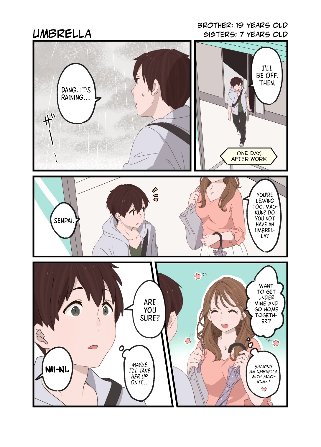 Onii-chan to Mitsugo no Imouto-tachi Chapter 7 page 1 - Chapter 7: Umbrella