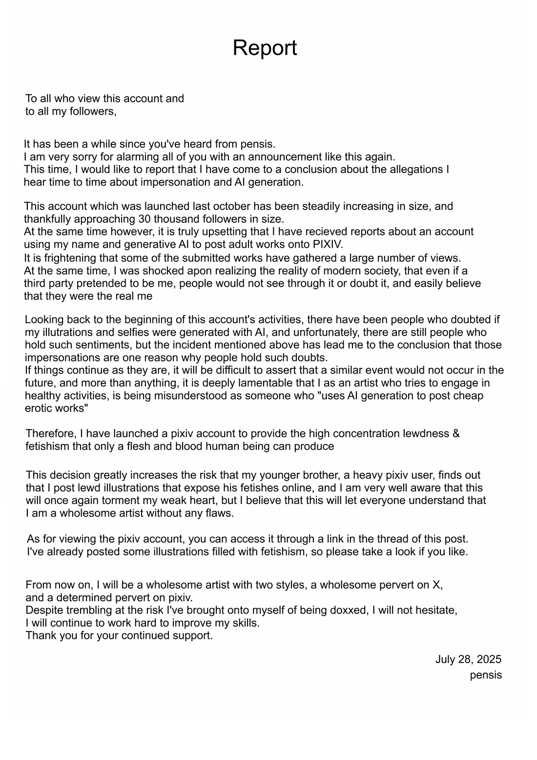 PenSis Twitter Shorts Chapter 30.5 page 1 - Chapter 30.5: A report about impersonation by users using AI generation