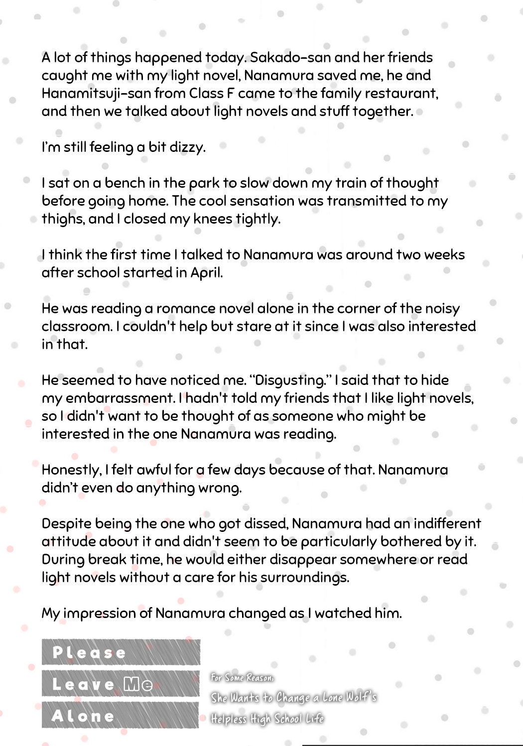 Please Leave Me Alone (For Some Reason, She Wants to Change a Lone Wolf's Helpless High School Life.) Chapter 11.5 page 13 - Chapter 11.5: Vol.2 Extras