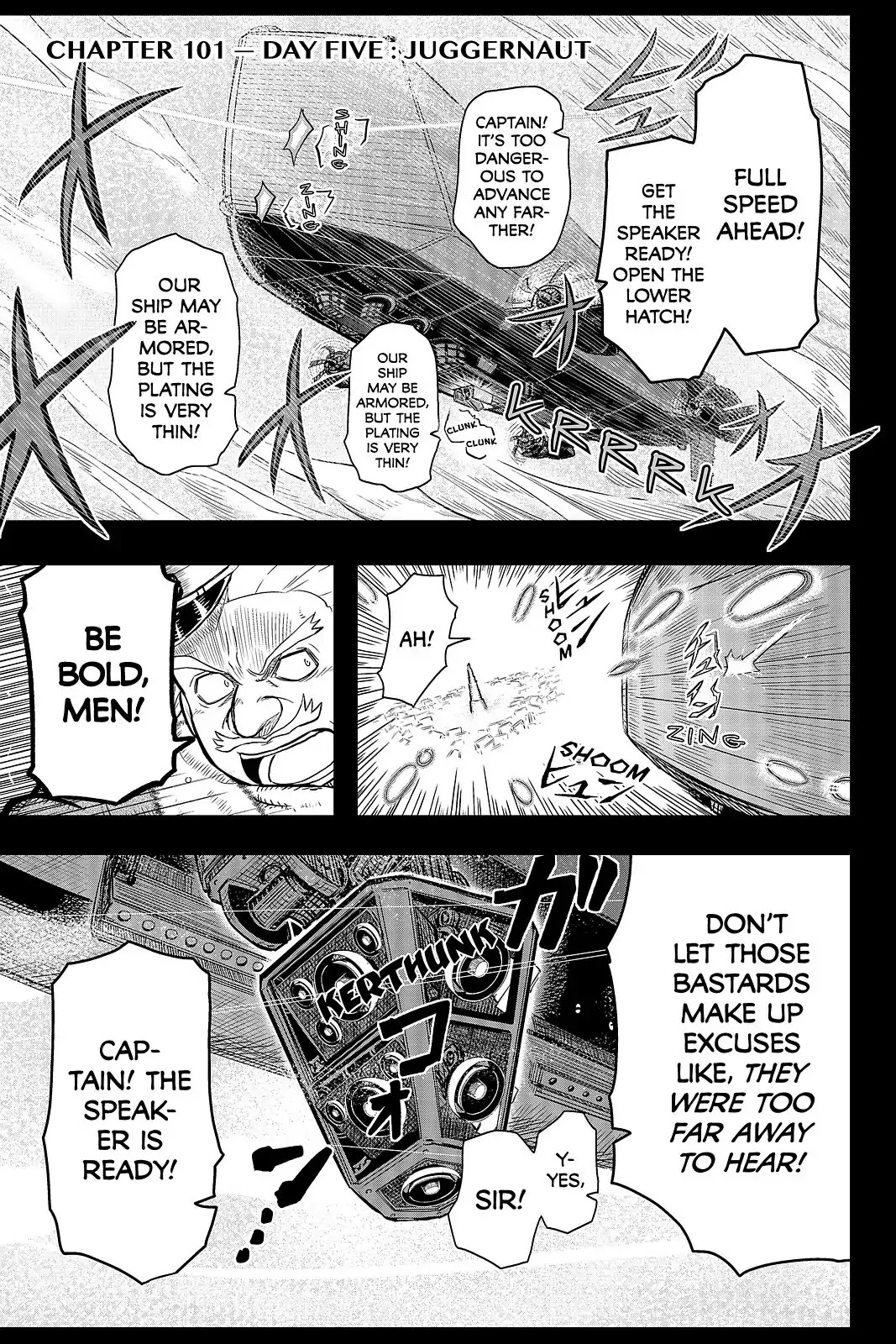 Pumpkin Scissors Chapter 101 page 1 - Chapter 101: Day Five: Juggernaut