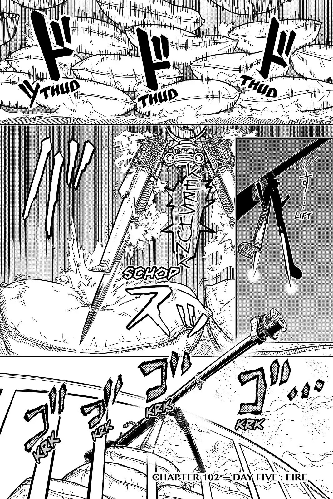 Pumpkin Scissors Chapter 102 page 1 - Chapter 102: Day Five: Fire