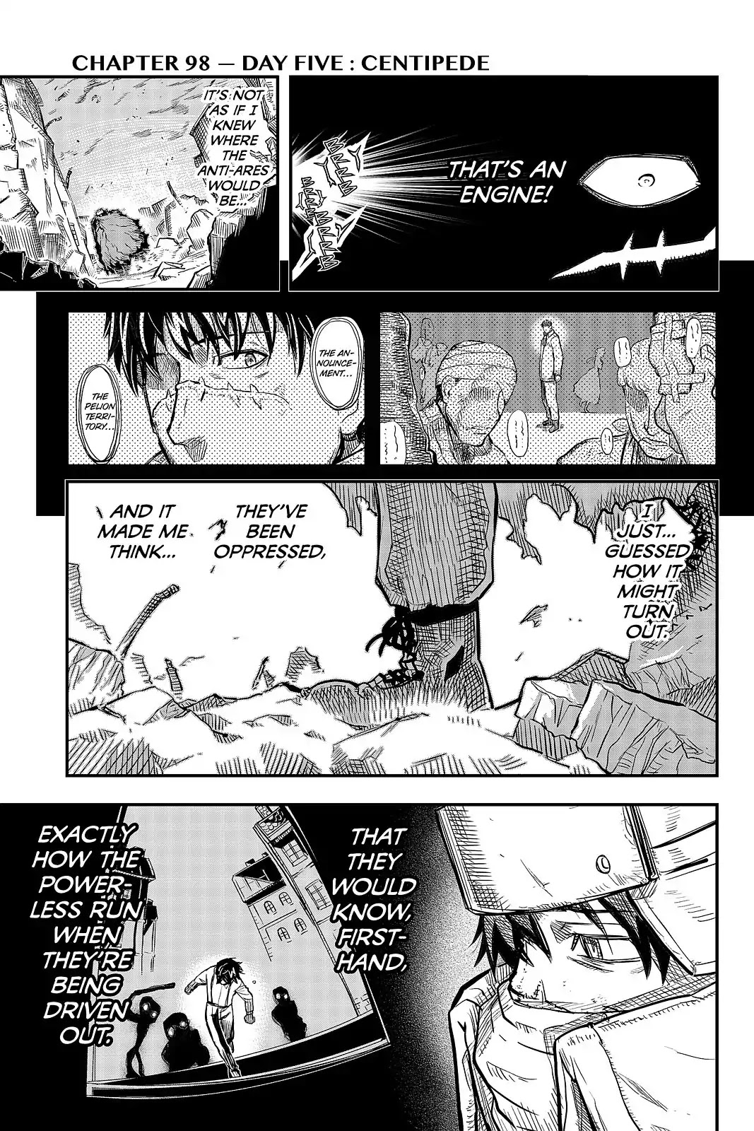 Pumpkin Scissors Chapter 98 page 1 - Chapter 98: Day Five: Centipede