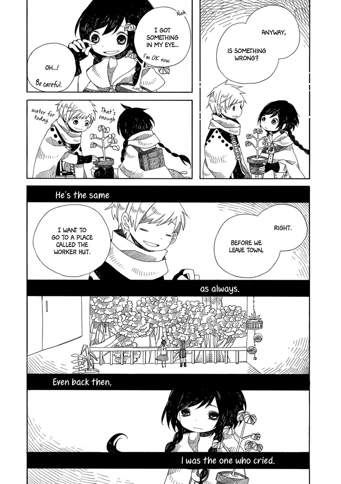Raine and Sunny's Journey of Wind Chapter 5 page 6 - Chapter 5: Dark Forest Mansion Cleaning - Part 1: The Worker Hut and the Travelers