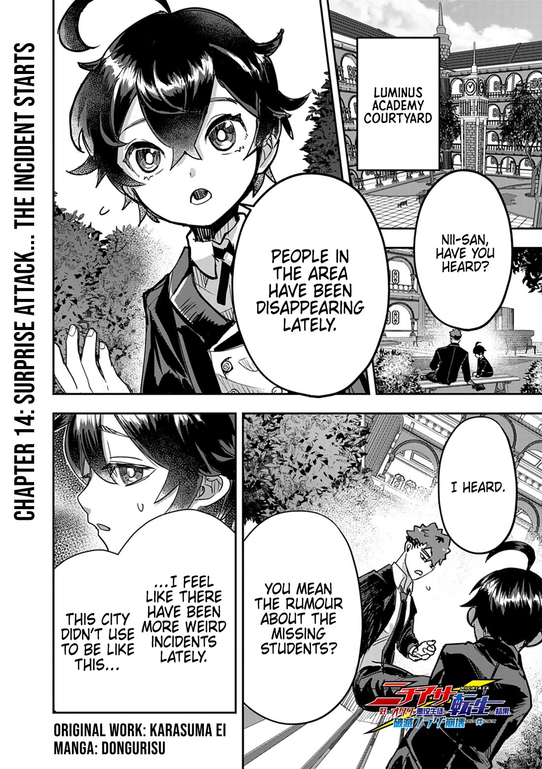 Regarding the Destruction of the Destruction Flag as a Result of a Nichiasa-Loving Otaku Being Reincarnated as a Villainous Student. Chapter 14 page 1 - Chapter 14: Surprise Attack... The Incident Starts