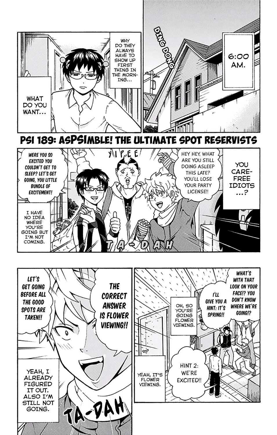 Saiki Kusuo no Sainan Chapter 189 page 2 - Chapter 189: AsPSImble! The Ultimate Spot Reservists