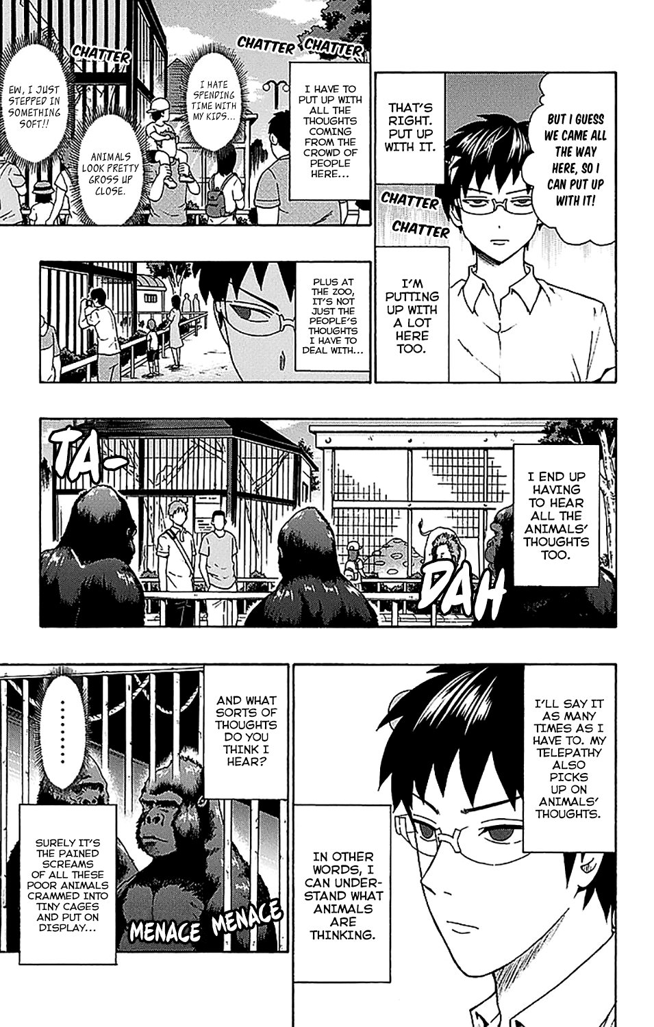 Saiki Kusuo no Sainan Chapter 209 page 6 - Chapter 209: See the RhinoPSIrous! Let's Go to the Zoo!
