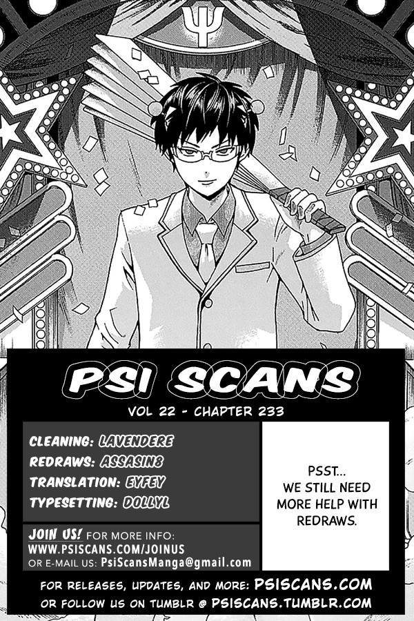 Saiki Kusuo no Sainan Chapter 233 page 1 - Chapter 233: Choosing the Best Person to Walk Home from PSIchool With