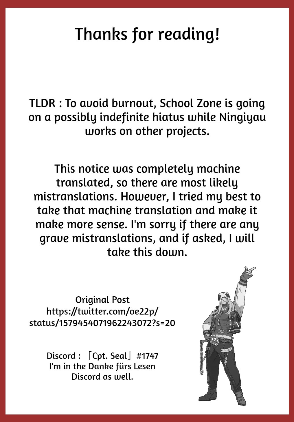 School Zone (Ningiyau) Chapter 99.5 page 2 - Chapter 99.5: Hiatus Notice