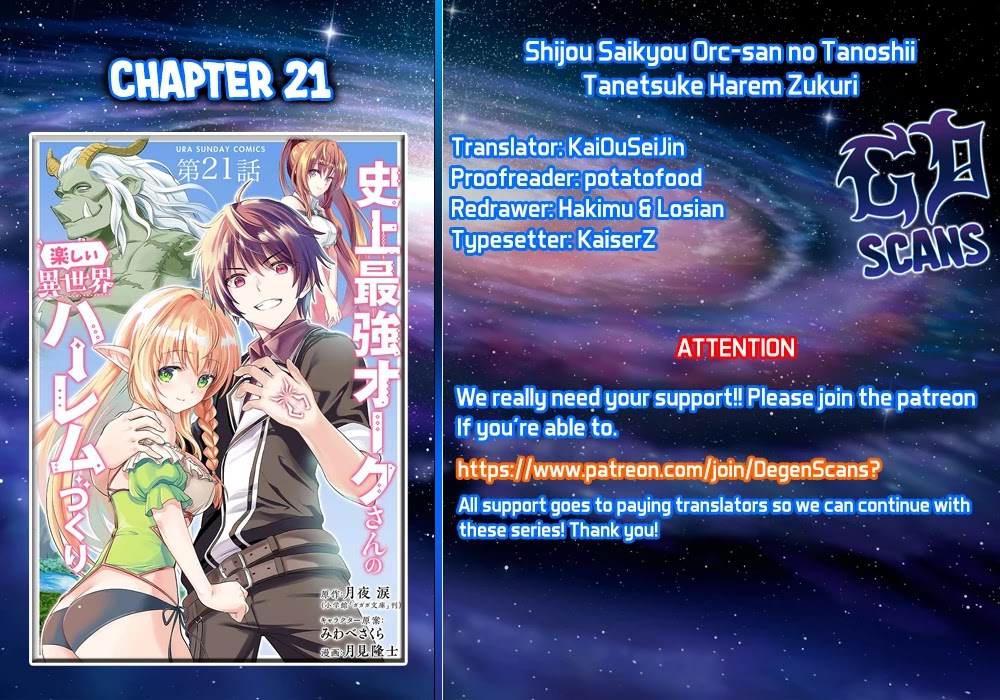 Shijou Saikyou Orc-san no Tanoshii Tanetsuke Harem Zukuri Chapter 21 page 1 - Chapter 21: Evolutive Orc's Power