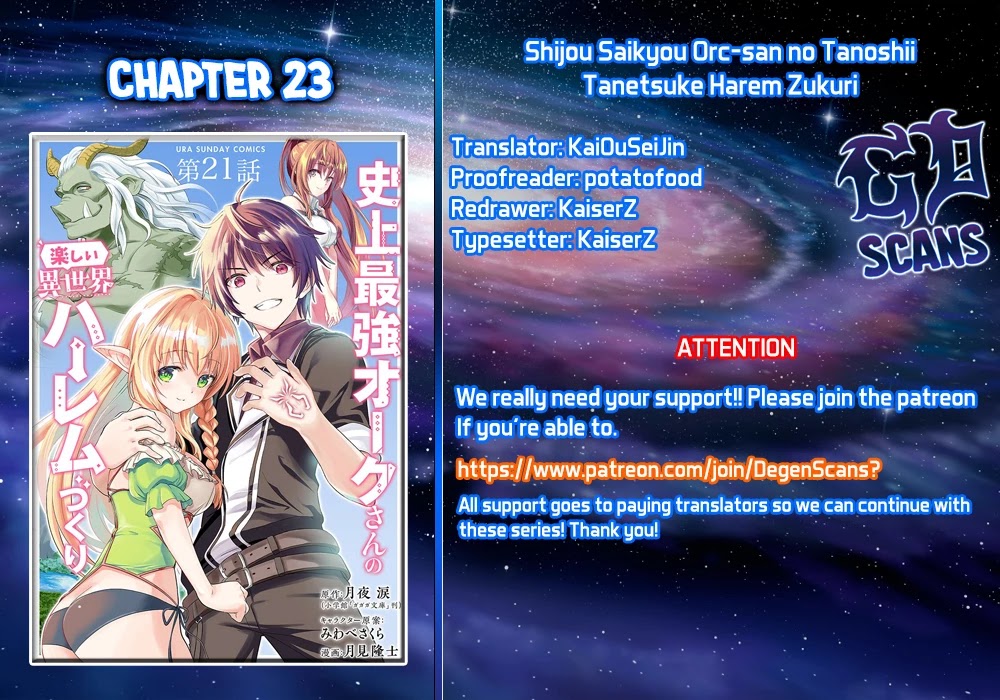 Shijou Saikyou Orc-san no Tanoshii Tanetsuke Harem Zukuri Chapter 23 page 1 - Chapter 23: Orc-san's Support For Elf Village