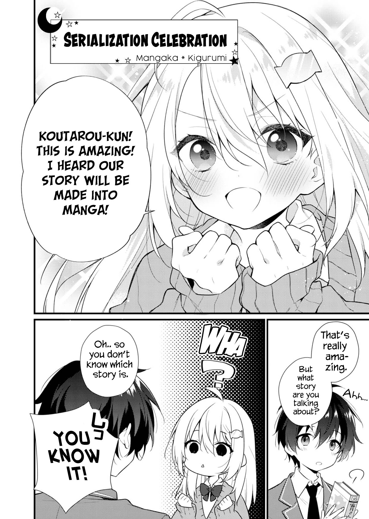 Shimotsuki-san Likes the Mob ~This Shy Girl is Only Sweet Towards Me~ Chapter 1.5 page 1 - Chapter 1.5: Serialization Celebration