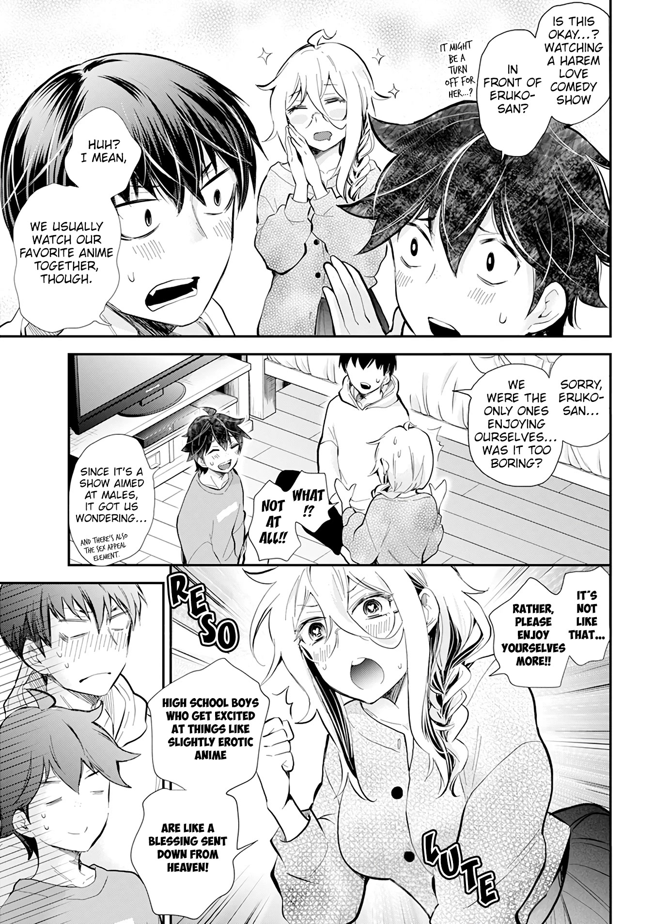 Shingeki no Eroko-san Chapter 40 page 4 - Chapter 40: (Amazing twist) High school boys excited about harem love comedy shows are like a blessing sent down from heaven! (I’m just a background character)